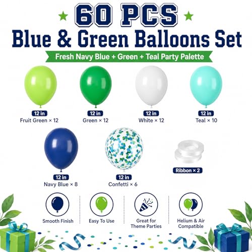 Image of Blue and Green Balloons 60PCS Green and Blue Balloon Set, 12 Inch White Metallic Confetti Latex Balloon for Jungle Dinosaur Kids Boys Birthday Baby Shower Wedding Graduation Party Decor