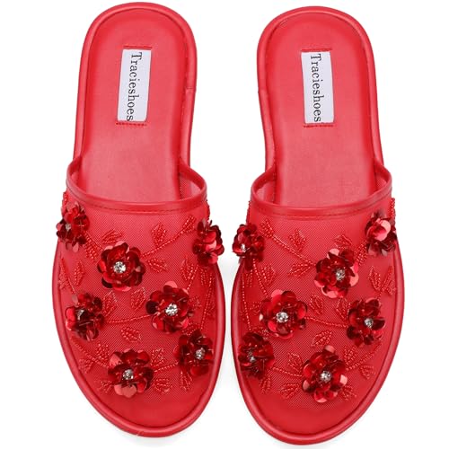 Women’s Mesh Flat Slippers Slip-On Slide Sandals with Sequin Floral Chinese Slippers3