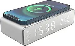 Multifuncional Despertador digital inteligente de LED com carregador sem fio, termômetro e tempo, certificado Qi para quarto, reunião, viagem, dever de casa e mais
