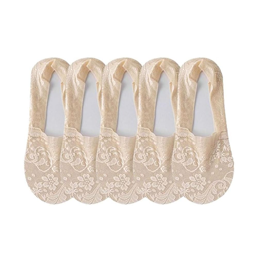KIASRZN New Women's Lace Flower Cotton Bottom Invisible Socks,Women's No Show Lace Low Cut Socks (5 Pairs Skin Color,One Size)
