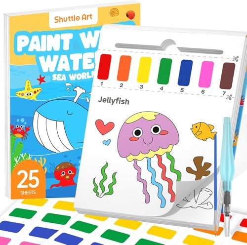 Shuttle Art 水彩塗り絵 海の生き物 子供用水彩絵本 画用紙25枚 厚手 120gsm 筆2本 補充絵の具シート2枚付き 鮮やか 透明 速乾 耐久 キッズお絵描きセット ウォーターブック付きペイント DIY 手作り 幼児向け アート&クラフト お