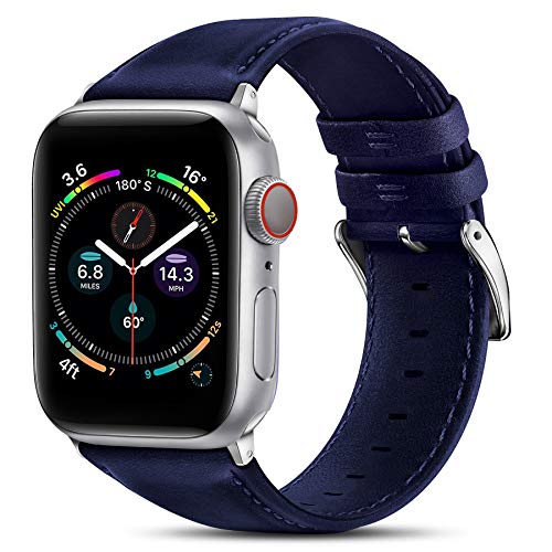 BRG Leather Bands Compatible with Apple Watch Band 44mm 42mm 40mm 38mm, Men Women Replacement Genuine Leather Strap for iWatch SE Series 6 5 4 3 2 1, Blue Band/Silver Adapter, 44mm 42mm