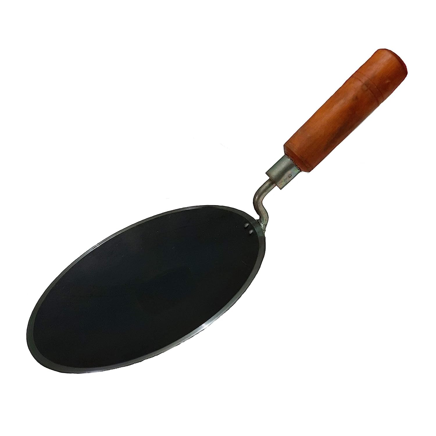 SHARVGUN Iron Concave Black Tawa/Tava for Roti Chapathi Paratha Fulka/Naan with Strong Wooden Handle Original Handmade Loha Iron Omelette Color Black_Pack of 1pc with Free Steel Chimta (8)