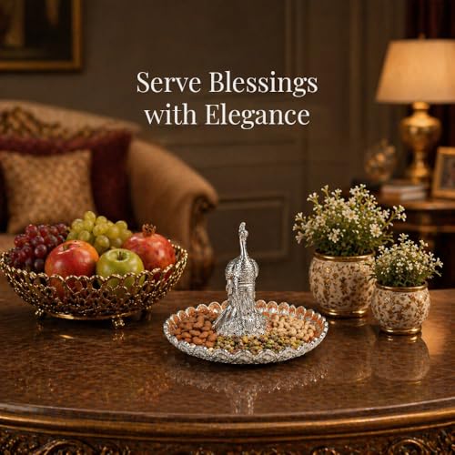 Image of Diviniti German Silver Peacock Decorative Tray for Home Decor | Luxury Dry Fruit & Sweet Serving Platter with Orange Enamel Feather Design | Premium Decorative Gift Hamper Plate with Elegant Gift Box