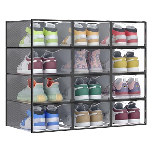 SONGMICS Schuhboxen, Schuh-Organizer aus Kunststoff, mit Tür, durchsichtig, 12er Set, stapelbar, einfache Montage, 33,2 x 23 x 14,5 cm, für Schuhe bis Größe 43, transparent-tintenschwarz LSP312B01
