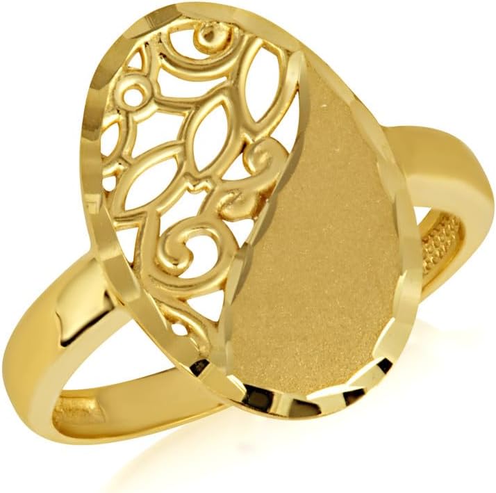 10K Yellow, White, and Rose Gold 2.3mm Sparkle Cut Floral Oval Filigree Statement Ring for Women Girls, Available in Sizes 4-12
