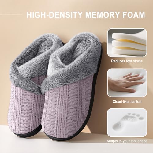 Image of Slippers for Women Fuzzy House Slip on Indoor Outdoor Bedroom Home Shoes | Furry Fleece Lined Ladies Comfy Memory Foam Female Anti-Skid Rubber Hard Sole