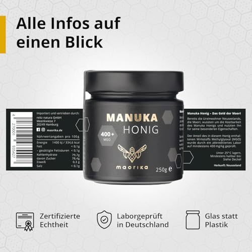 maorika - Manuka Honig 400 MGO + 250g im Glas (lichtundurchlässig, kein Plastik) - laborgeprüft, zertifiziert aus Neuseeland