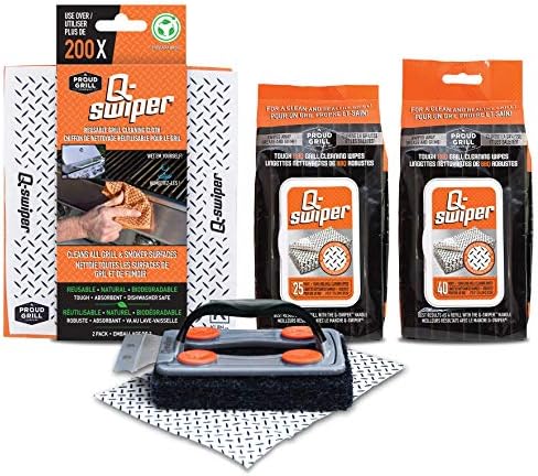 Q-Swiper BBQ Grill Cleaner Gift Bundle Set - 1 Q-Swiper Grill Brush, 65 Q-Swiper Grill Cleaning Wipes and 2 Q-Swiper Reusable Grill Cloths. Safe Way to Clean BBQ Grill Grates and Grill Exterior.