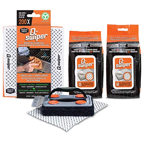 Q-Swiper BBQ Grill Cleaner Gift Bundle Set - 1 Q-Swiper Grill Brush, 65 Q-Swiper Grill Cleaning Wipes and 2 Q-Swiper Reusable Grill Cloths. Safe Way to Clean Barbecue Grill Grates and Grill Exterior.