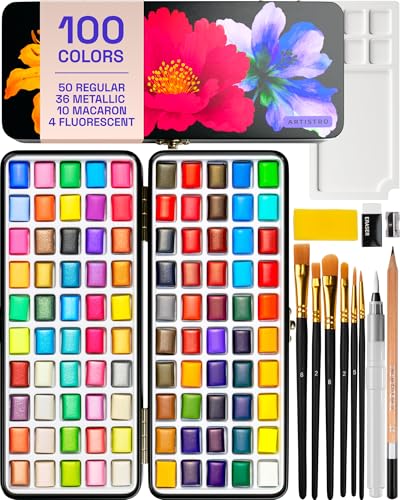 ARTISTRO 100 Colors Watercolor Paint Set - Portable Paint Set with Palette and Brush Pens - Travel...