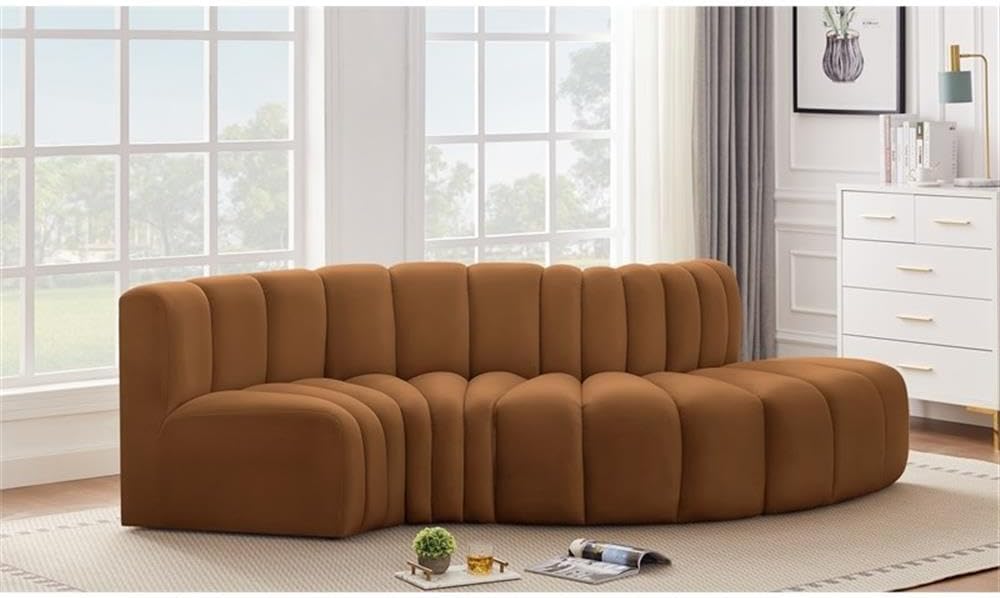 BOWERY HILL Modular Sectional Sofa, 104" W x 37" D x 30" H, Saddle Velvet Upholstery, Deep Channel Tufting, Contemporary Design, Attachment Latch, Living Room or Den Seating Configuration