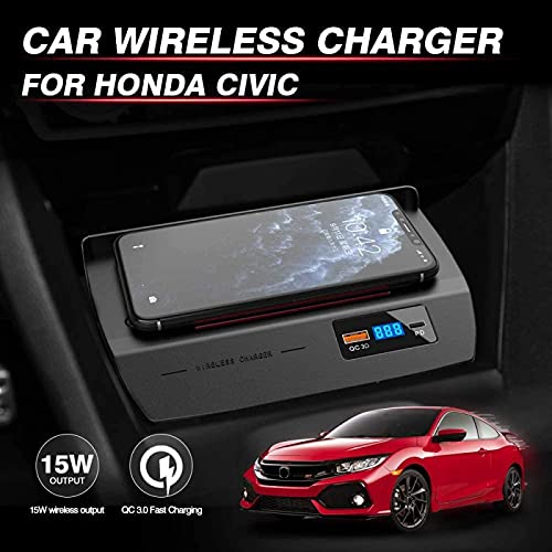 NAMEAL Car Wireless Charger for 10th Gen Civic 2020 2019 2018 2017 2016 Center Console Accessory Panel 15W Qi Fast Charging Phone Charger Pad with 18W QC3.0 USB Port and PD Port
