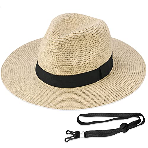 Straw Panama Hat for Women Men Summer Fedora Beach Sun Hat with Chin Strap Adjustable Foldable Floppy Wide Brim Hat(Beige), Beige