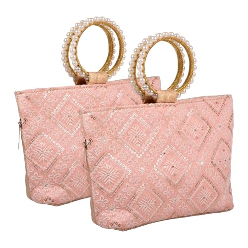 Image of Heart Home Clutch Bag | Zig Zag Chicken Silk Embroidery | Moti Churi Handle | Hand Purse for Woman | Party Bags for Woman | Wedding Clutch Purse | Pack of 2 | Peach