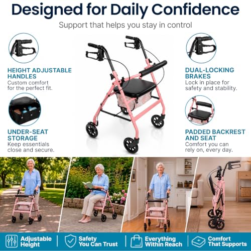 Image of Vive Ultra Lightweight Rollator Walker with Seat - Foldable, Narrow