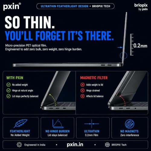 Image of Pxin 13.6 Inch MacBook Air UltraThin Privacy Screen Filter | FeatherLight Design | No Magnetic Weight | No Hinge Burden | Anti Glare | Anti Blue | 99% UV A /B /C Block | BRIOPIX Tech | Laptop Privacy