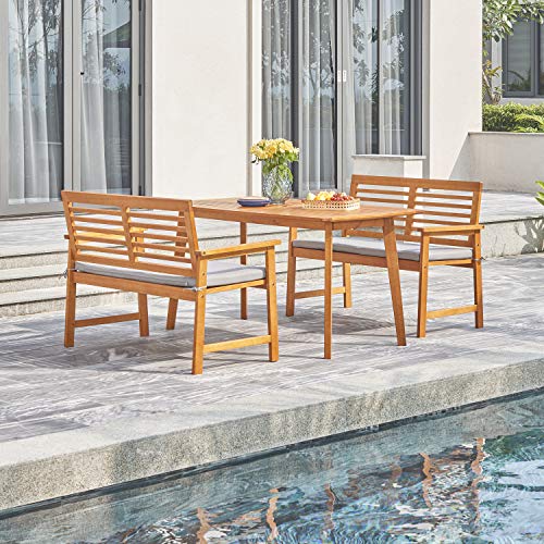 Vifah 3-Piece, Honey, With Cushions Farmhouse Chic Slatted Eucalyptus Wood Patio Dining Set, 4 Seaters #TOP17