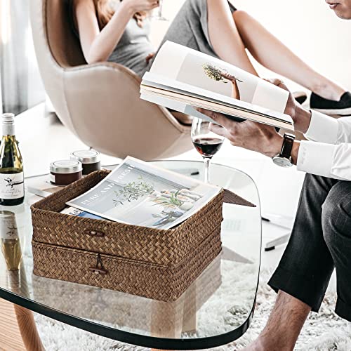 Image of Hipiwe 2 Packs FLat Woven Wicker Basket Bin with Lid, Large Seagrass Baskes