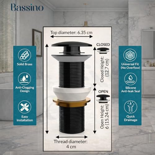 Image of BASSINO Premium 6 Inch Brass Waste Coupling /Washbasin Drainer /Rust-Proof Pop-Up for Basin /Drain Stopper for Tabletop, Wall-Mount & Pedestal Wash Basins(Glossy Black)