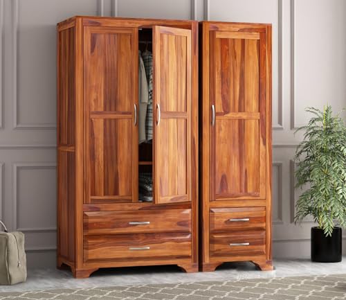 Image of Sheesham Wood Wooden 3 Door Wardrobe Organizer for Clothes | - Solid Wood Almirah with 4 Drawers, 4 Shelves - with Hanging Space Cupboard for Large Bedroom (Design 6)