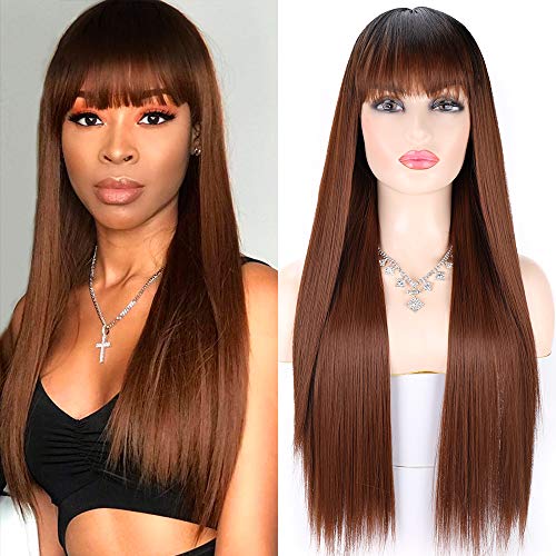 Long Straight Brown Wig With Bangs 28 Inch Long Synthetic Hair Wigs Dark Root Ombre Brown Wig with Bangs for Women(28Inch, Ombre Brown)