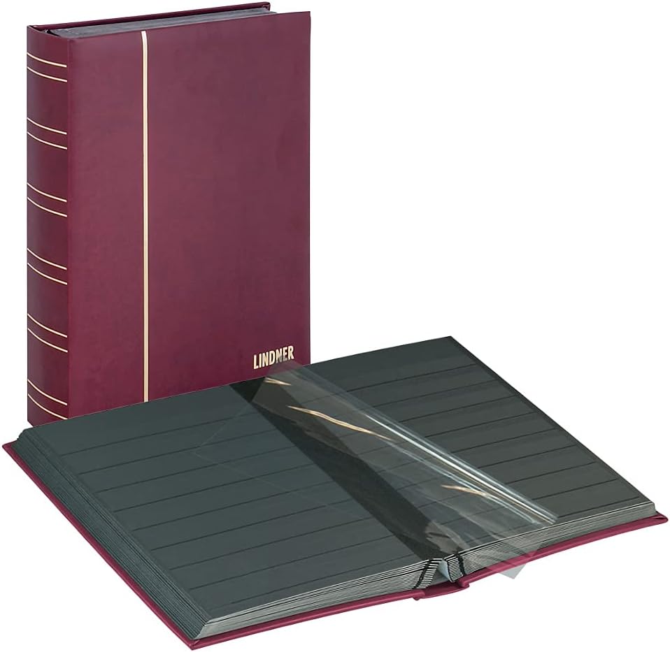 LINDNER Das Original Stockbook Elegant Nubuk, red, Padded, 60 Black Pages, Transparent Strips, 9,05x12,00 inches