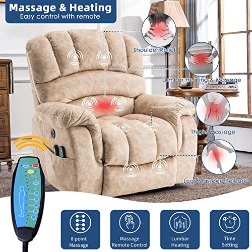 Socialcomfy Large Electric Power Lift Recliner Chair For Elderly Big People, Heated Massage Motorized Reclining Sofa, Wide Soft Fabric Recliners With 2 Remote Controls, Side Pockets & Usb Ports, Beige #TOP4
