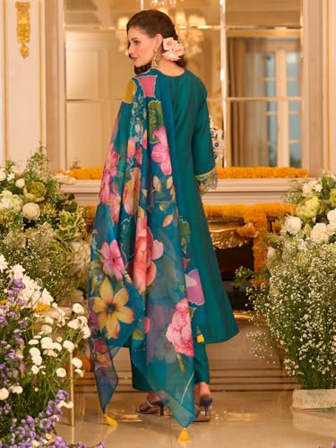 Image of INDO ERA Women's Silk Blend Floral Embroidered A-Line Kurta & Pant with Dupatta Set (IEOUT12374)