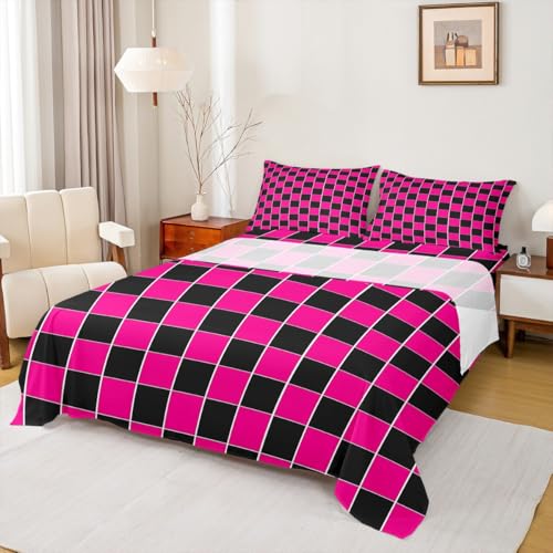 Image of Erosebridal Hot Pink Black Grids Bedding Set Queen Geometric Checkered Bed Sheets Aesthetics Plaid Gingham Sheet Set Kids Boys Girls,Soft Lightweight Fitted Top Sheets 4 Piece