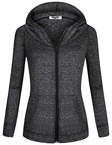 Hibelle Zip Up Hoodie Women, Ladies Long Sleeve Zippered Seamless Active Hooded Sweatshirts Kangaroo Pockets Moisture Wicking Lightweight Yoga Running Sports Jacket Black Medium