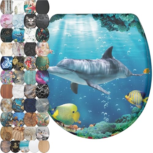 Image of Sanilo Wooden Toilet Seat with Quick Release & Soft Close [ROUND] - Decorative & Slow Close Molded Wood Seat - With One Click for Easy Installation & Cleaning - With Adjustable Fit (Dolphin)