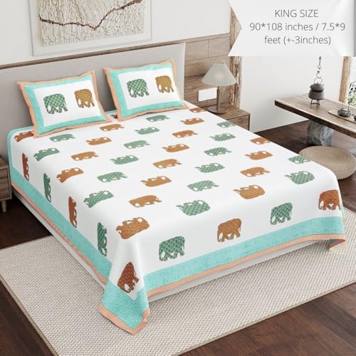 Image of Living Roots Ethnic Jaipur Block Print Double Cotton Bedsheet & 2 Pillow Covers, for Mattress Upto 6 inches Thick, No Colour Bleeding, Green Colour, King Size 90 * 108 inches, 120TC (615-C)