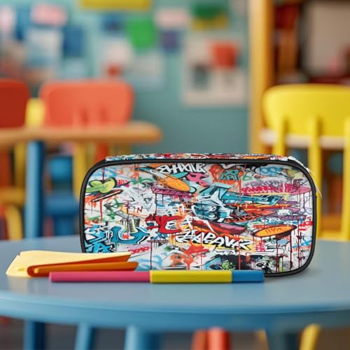 Image of Abstract Graffiti Big Capacity Pencil Case Pencil Pouch with Zipper, Pen Marker Stationery Bag Art Supply Storage Organizer Box Portable Stationery Storage Bag Pen Holder for Boys Girls
