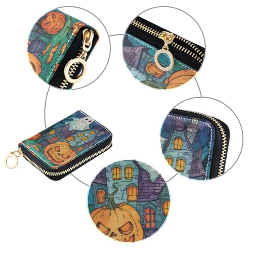 RFID Credit Card Holder Halloween Castle Bat Leather With Zipper Card Case Wallet for Women Girls3