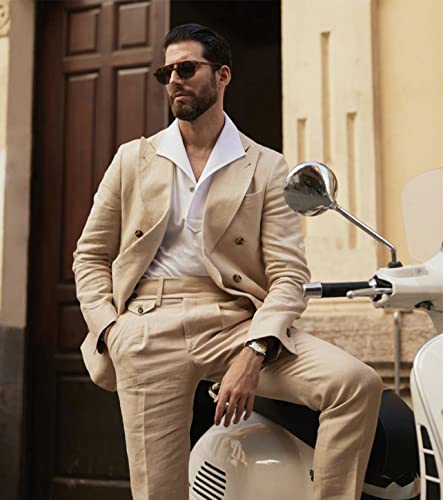 Men's Linen Peak Lapel Suit Party Leisure Two Pieces Double Breasted Buttons Tuxedo4