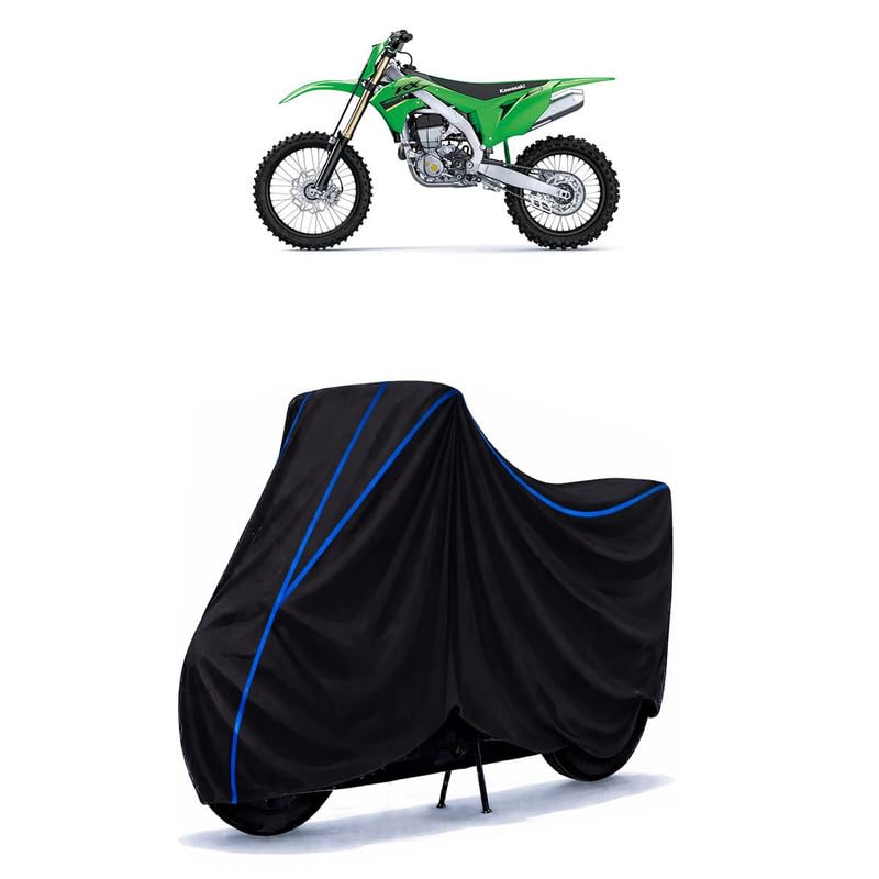 Image of KLX 300R Bike Cover Water Resistant Universal Motorcycle Rain | Heavy Duty UV Protection, Dust, Scratch Indoor Outdoor All Weather with Black Blue Piping Elastic