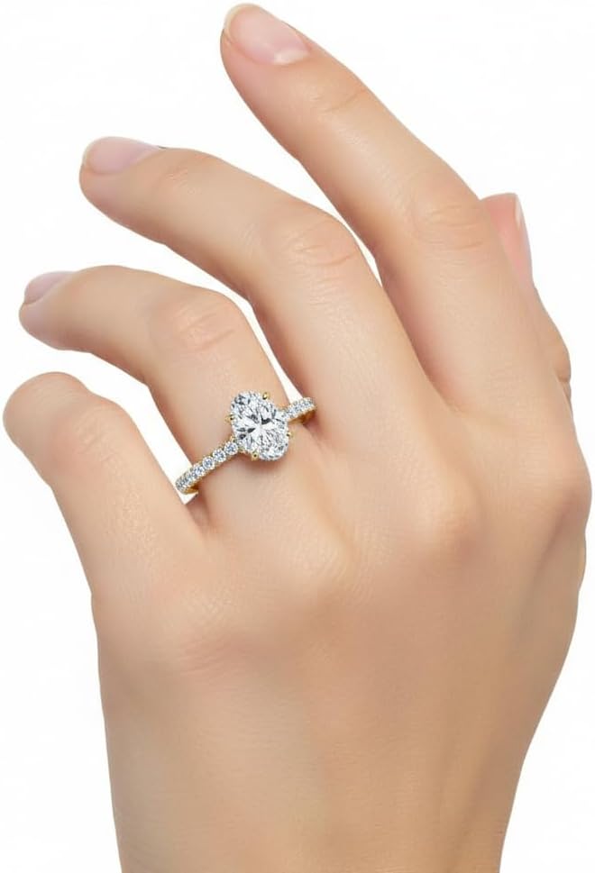 Choose Your Gemstone Oval Shape 14k Yellow Gold Plated Halo Engagement Rings Hidden Petite Diamond CZ Affordable for Your Partner Wedding Ring : US Size 4 to 12