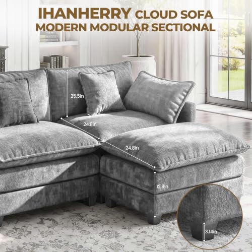 Image of 112 inch L-Shape Modular Sofa with 1 Ottomans, Deep Seat Cloud Convertible Sleeper, 3 Throw 2 Arm Pillows, Cozy Upholstered Furniture for Living Room Apartment, Dark Grey