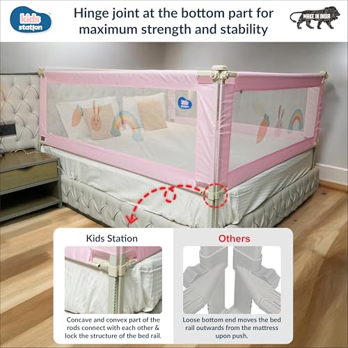 Image of Kids Station 1 Side Basic Bed Rail Guard (5.3ft x 2.6ft / 150x80cm), Bed Railing for Baby Safety, Kids Toddler Bed Protector Side Walls, Adjustable Height, Portable & Foldable (Pink)