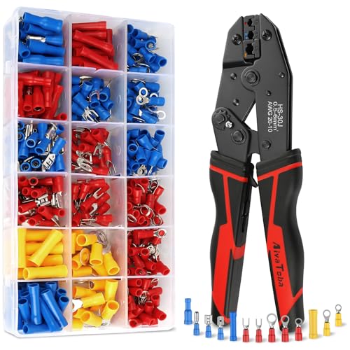 Crimpzange Set Kabelschuhzange mit Ratschenfunktion für isolierte Verbinder 0 5-6mm Crimpwerkzeug inkl. 370 Stück Kabelschuhen geeignet für DIY Auto & Elektroinstallation