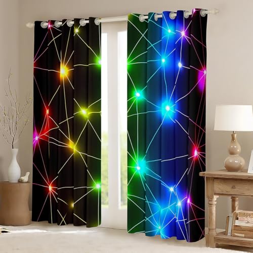 Homemissing Triangle Retro Neon Curtains (2 Panels,W66*L72) For Bedroom Kids Boys Girls Teens Colorful Stripes 30%-50% Blackout Curtains Rainbow Laser Window Treatments(No Glitter) - Image 2