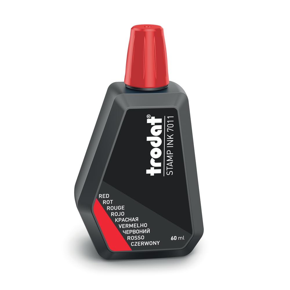 Trodat 7011 60ml Red Ink Bottle for Refilling Pads or Bearings, Water Based Ink for Stamping Documents, Clean and Sharp Footprints, Resealable Cap