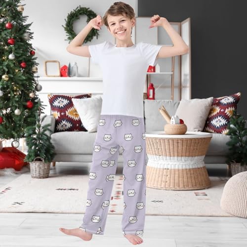Boy's Pj Pants Cute White Cat Red Blush Art Lounge Bottoms Elastic Waist Kids Joggers with Pockets Size 6-142