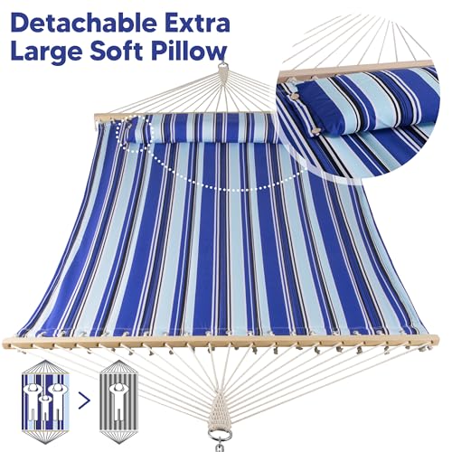 Image of SUNCREAT Hammocks Quilted Fabric Hammock, Double Hammock with Spreader Bar, Soft Pillow, Max 475lbs Capacity, Blue Stripes