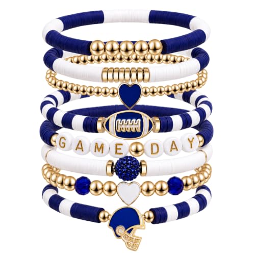 Artlunar Game Day Bracelets Stack Football Bracelet for Women Stackable Football Charm Bracelet Game Day Accessories Football Mom Outfit Jewelry (Blue)