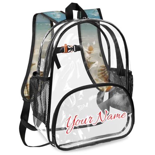 Personalized Small Clear Backpack Stadium Approved Heavy Duty PVC Plastic Custom Transparent Backpacks See Through Bag with Name, Ocean Beach Seashell Palm Tree2