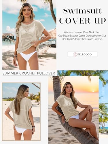 Image of Womens Summer Crochet Tops Hollow Out Cap Sleeve Cover Up Tank Top Pullover Sweater Vest Beach Vacation Clothes