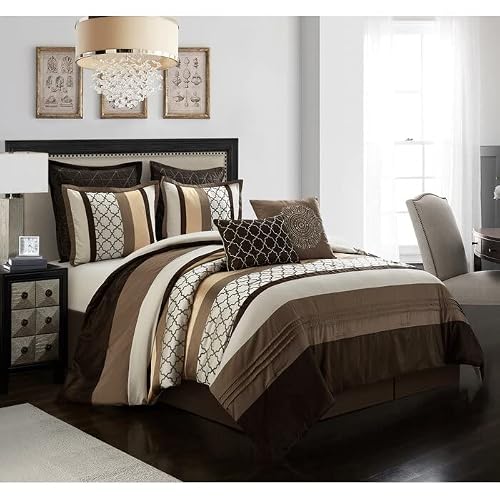 Modern & Contemporary 8 Piece Faux Silk Satin Comforter Set Cal King Size | Tucking Detail Embroidered Medallion Design Aesthetic Bedding Extra Soft Ultra Plush Comfy Warm Brown Color Decorative #TOP29