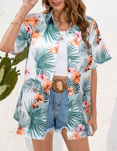 Image of ASTANFY Hawaiian Shirt Women Hawaii T-Shirt Tropical Floral Printed V Neck Shirts Soft Cool Summer Beach Button Up Blouse
